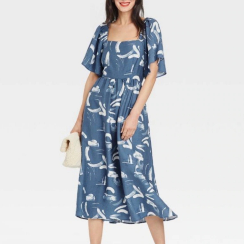 A New Day Midi Resort Dress Flutter Sleeves Tie Open Back Summer Flowy Blue XS